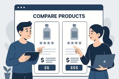 Illustration of users comparing products online on a sleek, modern website interface
