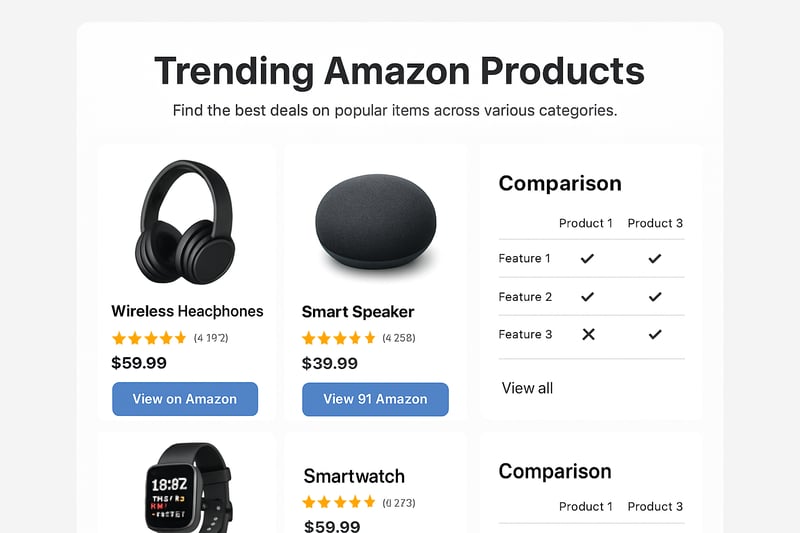 Modern affiliate website showcasing trending Amazon products and comparison tools