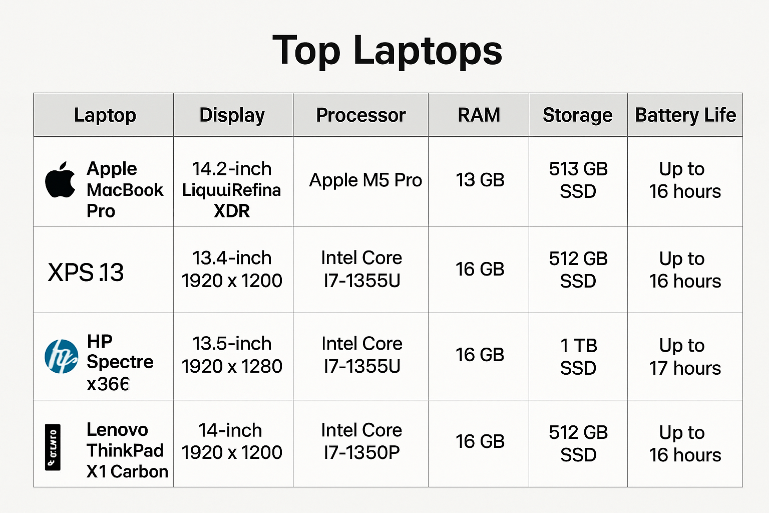 Product comparison table displaying top laptops