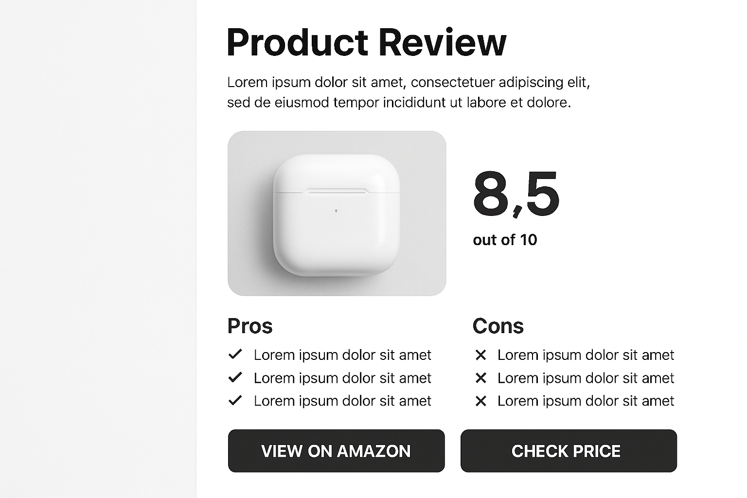 Detailed product review page with pros, cons, and affiliate buttons.